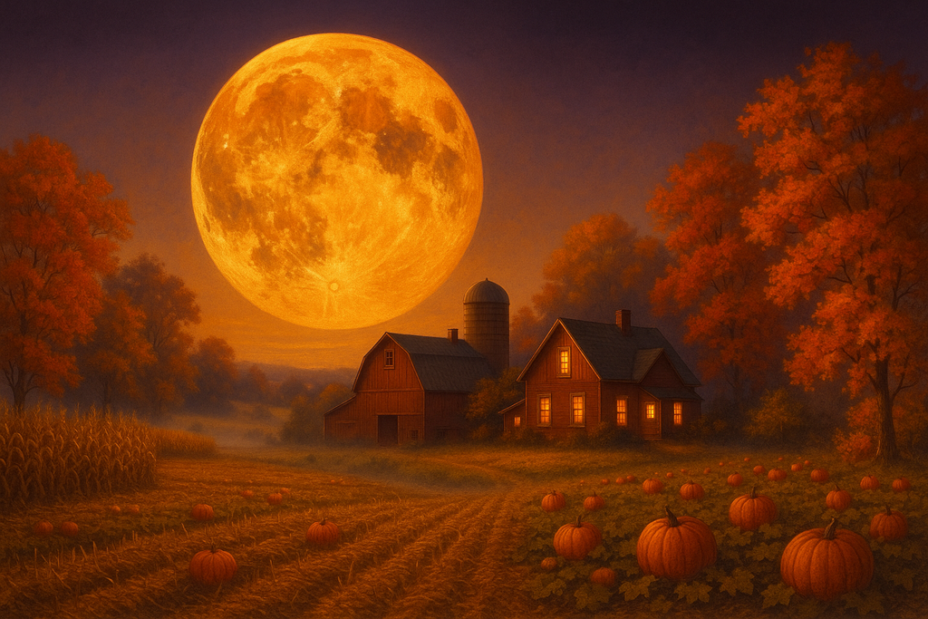 a harvest moon rising over a farm in the fall
